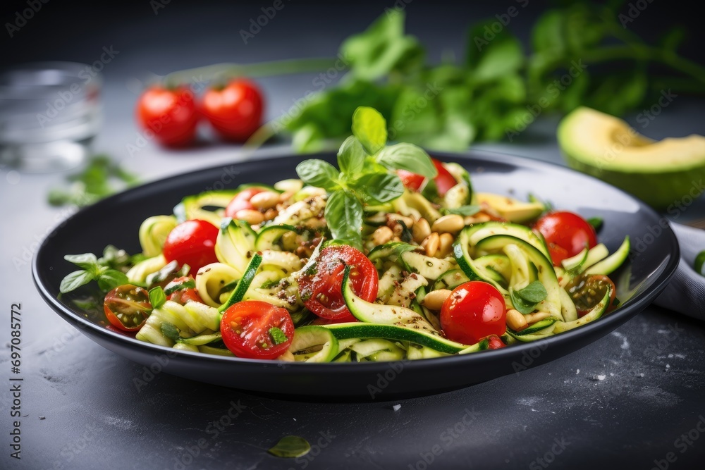 Selective focus on grey concrete background with zucchini pasta salad, tomato, and avocado. Selective focus on grey concrete background with zucchini pasta salad, tomato, and avocado.