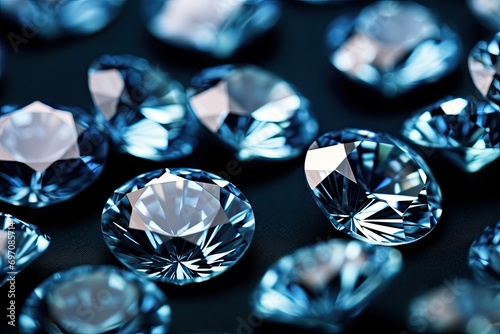 Close up of contrasting blue and white diamonds in various cuts with shadows.