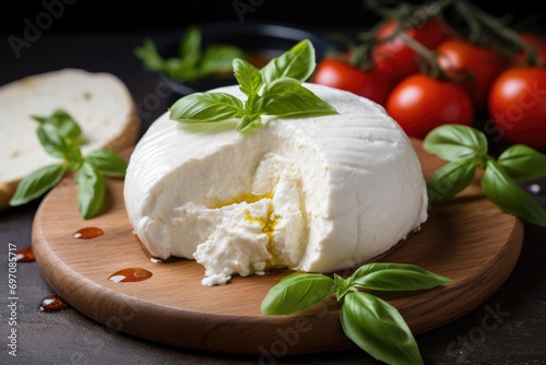 Close up of a fresh burrata cheese ball from Italy s Apulia region photo