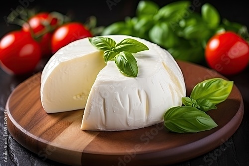 Close up of fresh green basil red tomato and a white ball of Italian soft cheese Mozzarella di Bufala Campana