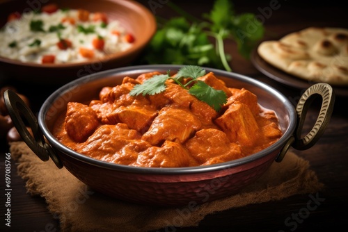 Close up of Traditional Indian Chicken Tikka Masala in a Korai
