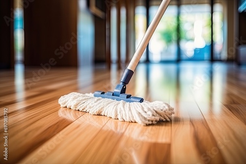 Housewives using mops to clean wooden floors at home.