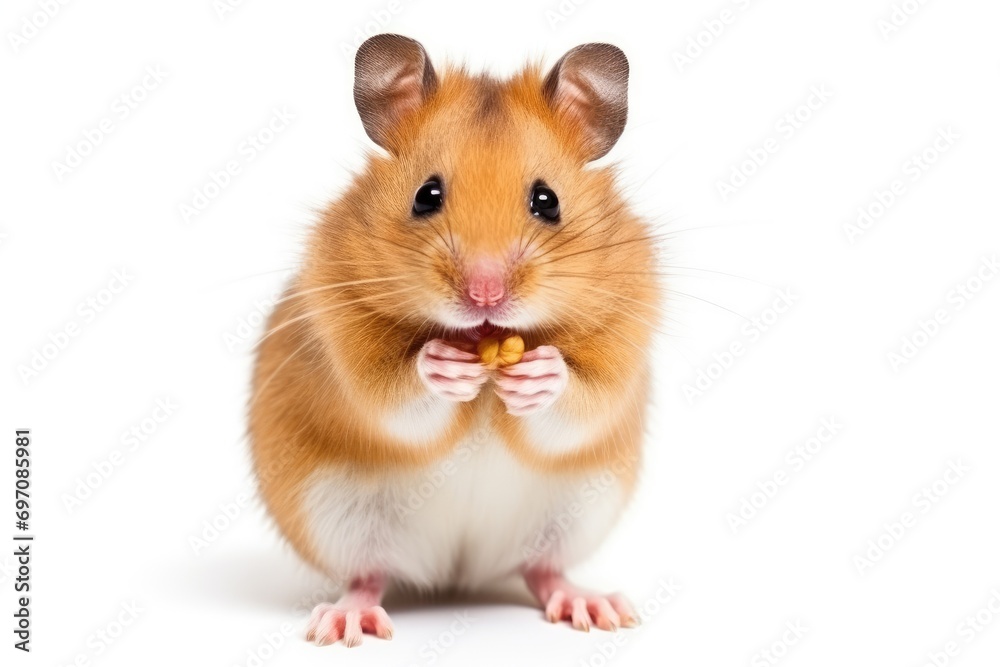 Adult brown hamster sitting, eating flourworm on hind paws.