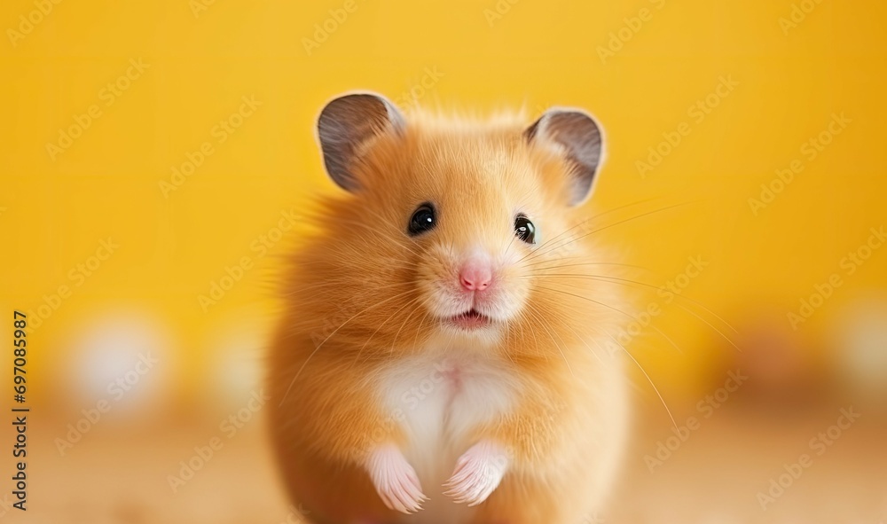 Yellow background with adorable fluffy hamster