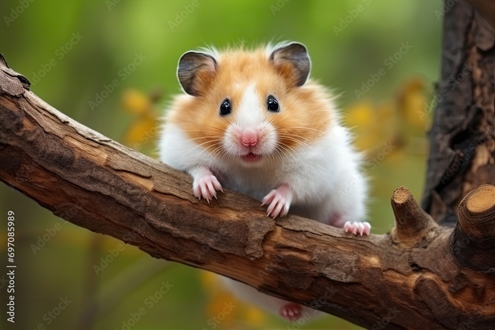 Amusing Syrian hamster on a twig. Amusing Syrian hamster on a twig.