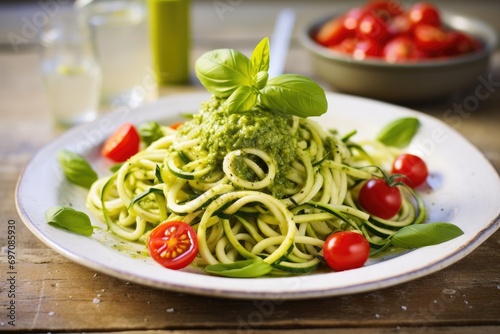 Courgette spaghetti with pesto and cherry tomatoes