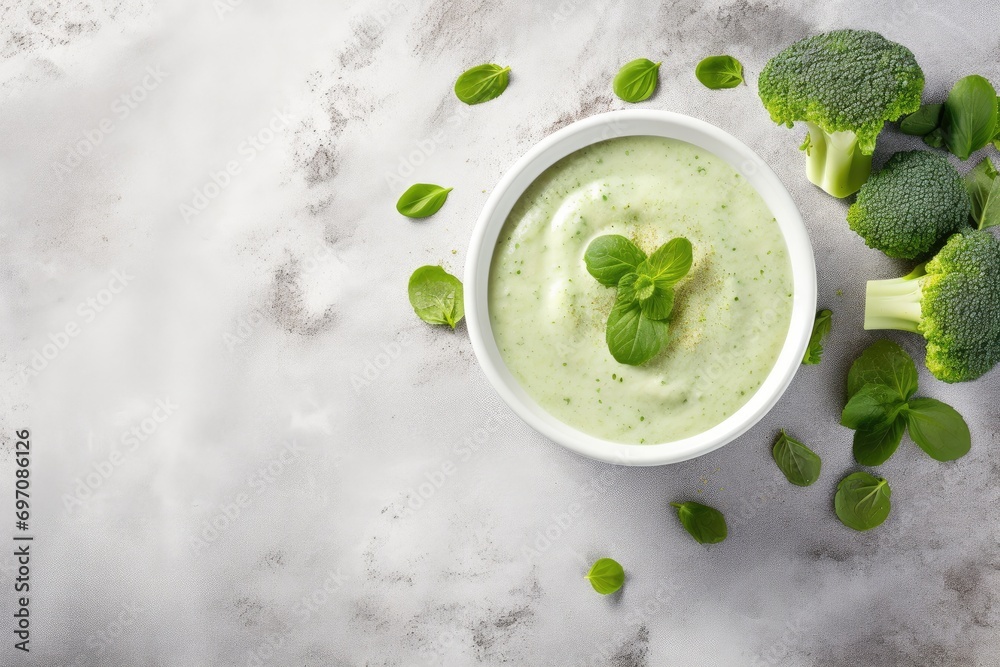 Detox diet: broccoli soup on stone background Detox diet: broccoli soup on stone background