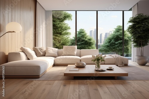 Stylish and cozy living space with spacious sofa  wood flooring  and large windows.