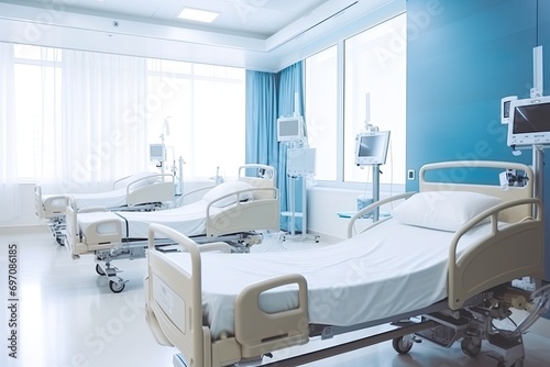 Empty hospital rooms with adjustable beds blue sofas Blurred images