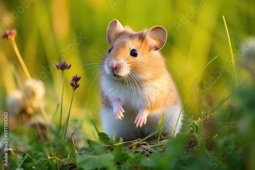 Endangered European hamster in a grassy cemetery  with a green backdrop.