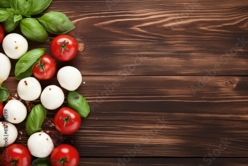 Flat lay of Caprese skewers on wooden table with space for text