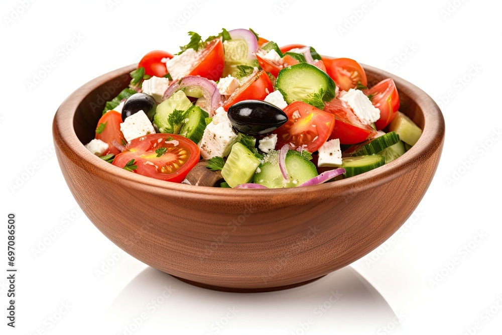 Greek salad in clay bowl, on white background.