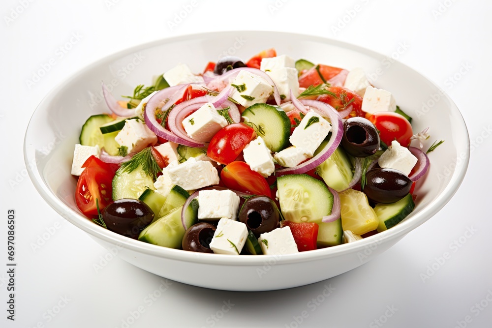 Greek Salad with Olives, Tomatoes, and Feta Cheese on White Background Greek Salad with Olives, Tomatoes, and Feta Cheese on White Background