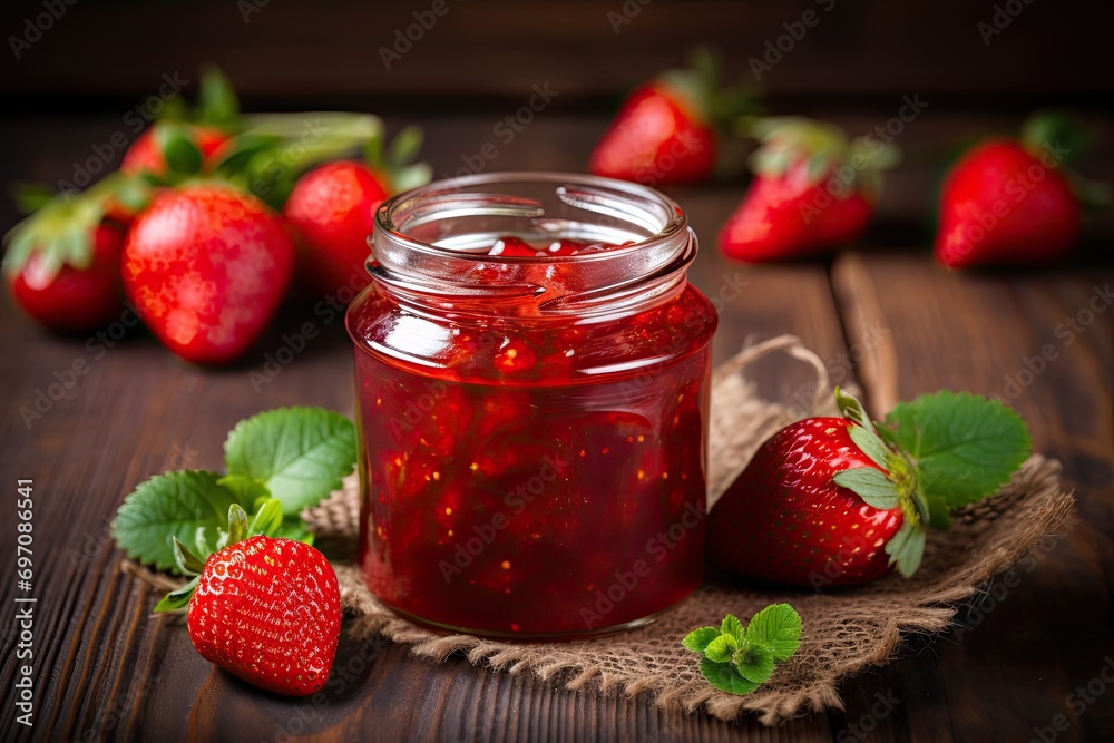 Fresh strawberries in a rustic style homemade strawberry jam jar on a wooden background Fresh strawberries in a rustic style homemade strawberry jam jar on a wooden background