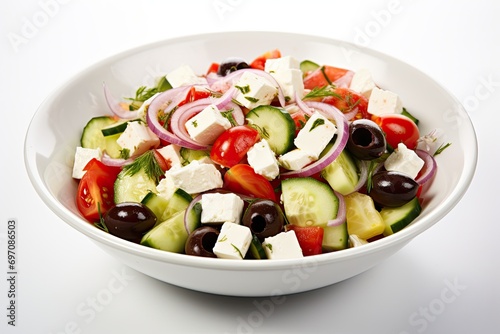 Greek Salad with Olives, Tomatoes, and Feta Cheese on White Background