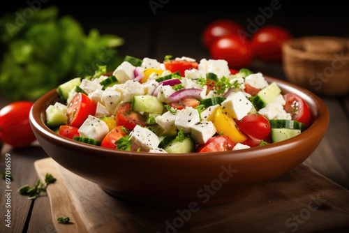 Vegetable salad with feta on a wooden table.