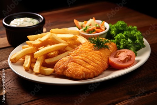 Salmon steak with fries and salad on wooden table.