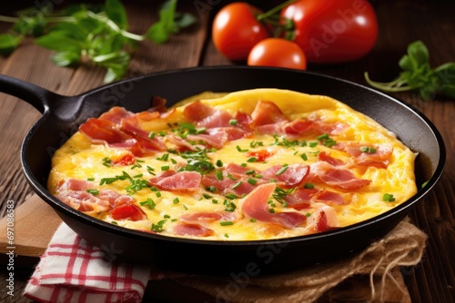 Ham and cheese omelette on rustic wood background.