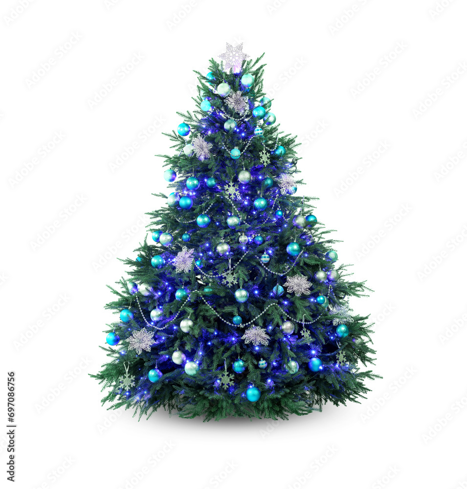 Beautiful Christmas tree decorated with ornaments and festive lights isolated on white Beautiful Christmas tree decorated with ornaments and festive lights isolated on white