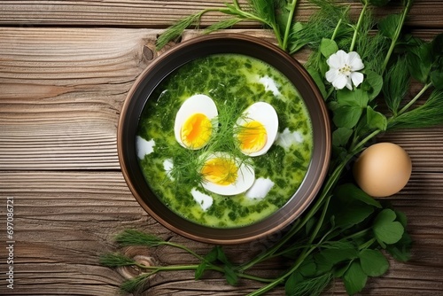 Top-down view of green sorrel and spinach soup with boiled egg and sour cream on rustic white table. photo