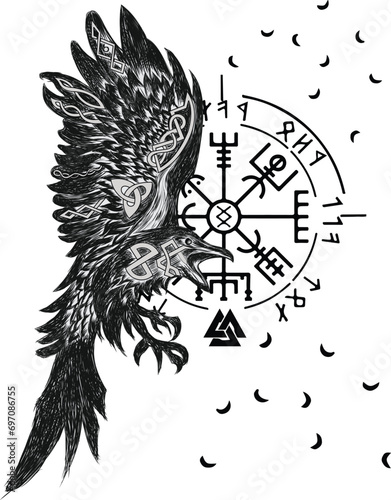 Viking Raven And Vegvisir Vector Illustration 