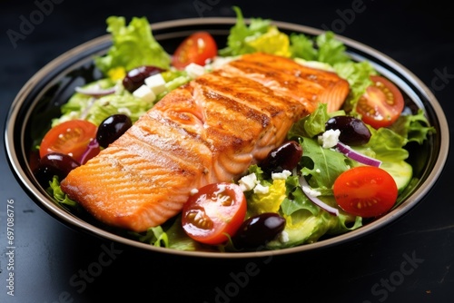 Mediterranean keto cuisine: Greek salad with roasted salmon close up.