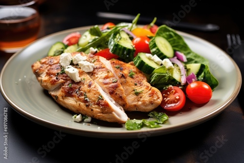 Grilled chicken breast with fresh vegetable salad: tomatoes, cucumber, and feta cheese. Healthy meal option.