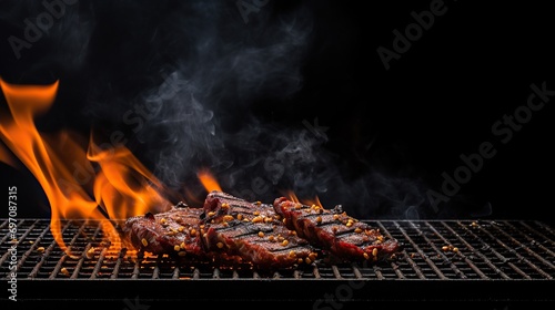 Raw beef steak on the grill , Grilled beef brisket on the grill spread.Barbecue and grill, delicious food. photo