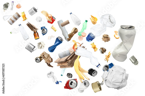 Lots of different garbage flying on white background