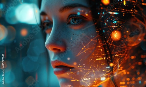 Futuristic Technology: Human Face Intertwined with Digital Innovation and Futurism in a Visual Representation of Cybernetic Evolution. Generative AI