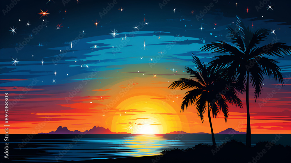 Silhouetted against the setting sun at dusk, palm trees on the beach stand tall, and as night falls, stars shimmer brightly in the sky