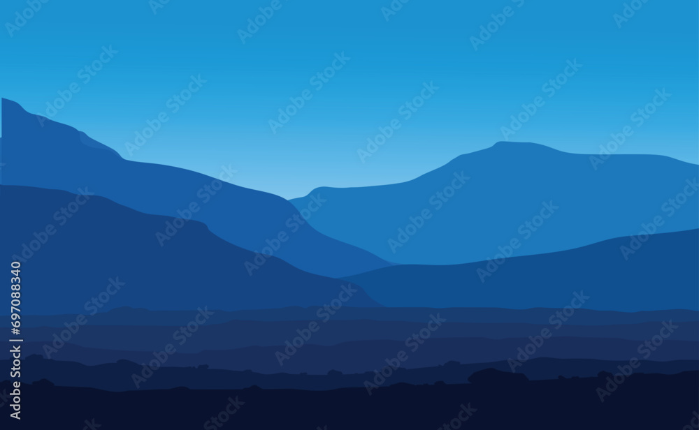 Landscape with huge blue mountains. Vector illustration.
