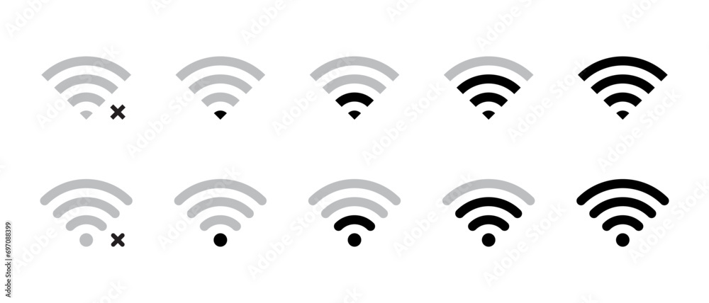 Wifi signal strength icon set in flat style. Wireless connection network symbol vector - obrazy, fototapety, plakaty 