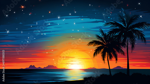 Silhouetted against the setting sun at dusk, palm trees on the beach stand tall, and as night falls, stars shimmer brightly in the sky © Pillow Productions