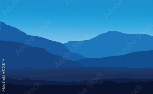 Landscape with huge blue mountains. Vector illustration. 