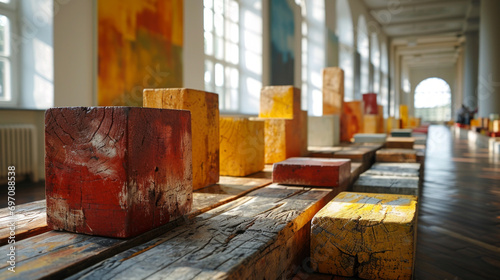 Artistic Wooden Blocks Lining a Sunlit Corridor. Art gallery exhibition. Red and yellow wooden blocks.