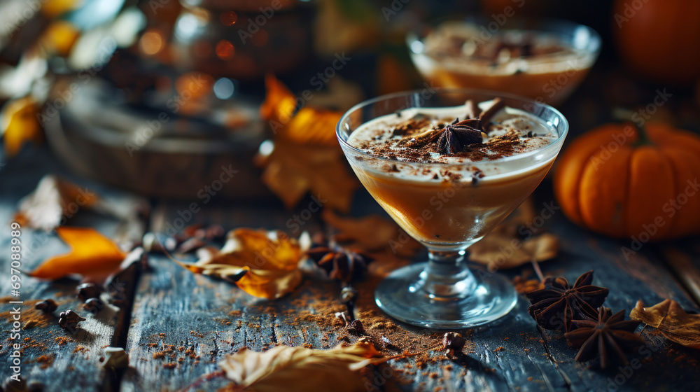 Creamy coffee drinks.  Alcoholic beverages and bar culture. Fancy cocktails on a bar, surrounded by coffee beans and powder.