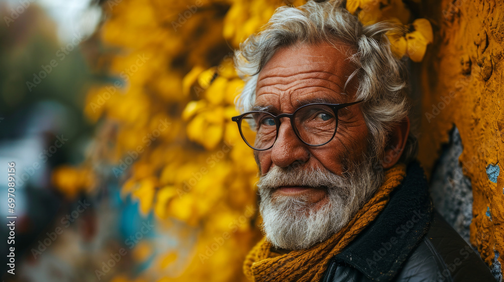 An old man with a grey beard and glasses. Wearing a scarf. Standing in front of yellow leaves. Fall or autumn. An old man with a grey beard and glasses. Wearing a scarf. Standing in front of yellow leaves. Fall or autumn.