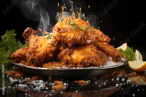 Fried chicken pieces, dramatic studio lighting and a shallow depth of field, placed on a reflective black surface. Popular fast-food.No.04