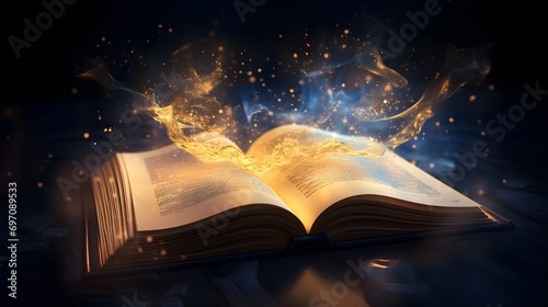 An open magic book with glowing pages