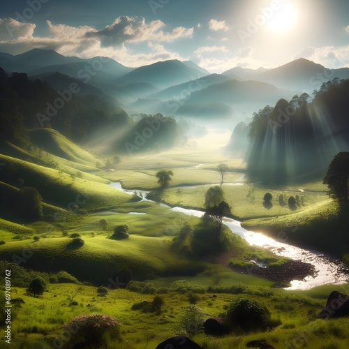 a natural field, mountain spring, sunlight, clear sunny weather 