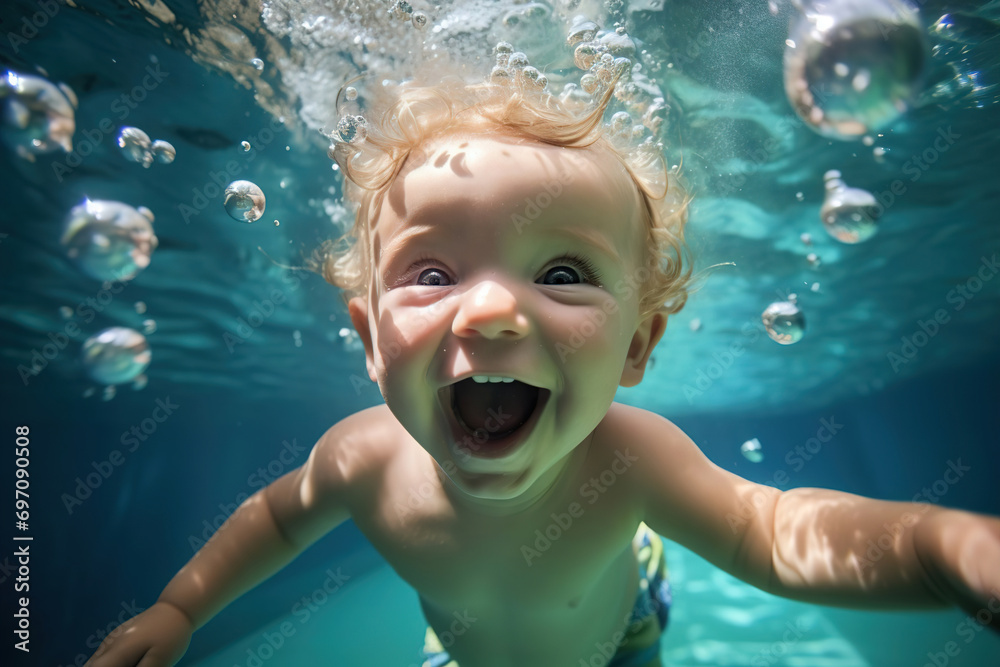 A happy child swims and dives underwater. He learns to swim from an early age. having fun in the pool underwater. Active healthy lifestyle, water sports and swimming lessons during the summer holidays