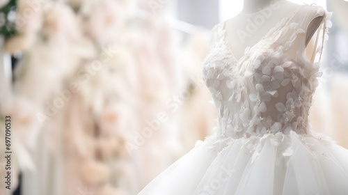Closeup Of Luxurious White Bridal Gown In Boutique