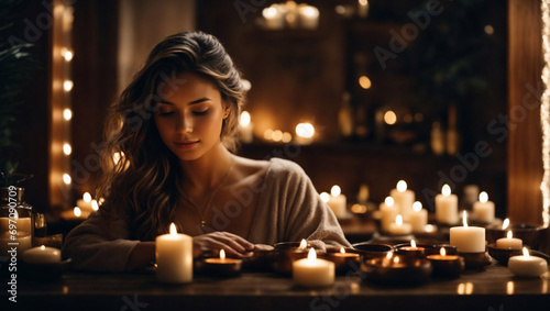 woman in a Spa with candle light, brunette in spa massage concept, women with candles
