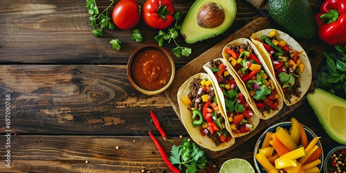 Mexican Cuisine Delight with Tacos, Avocados, and Peppers