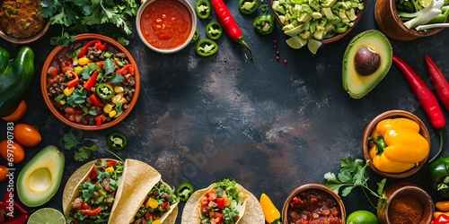 Mexican Cuisine Delight with Tacos, Avocados, and Peppers