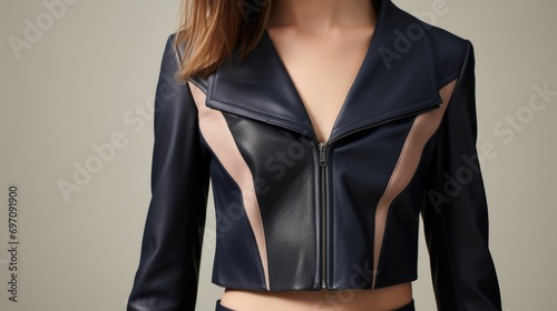 A cropped leather jacket in a deep navy hue, featuring delicate Peach Fuzz panels that add a touch of texture and luxury.