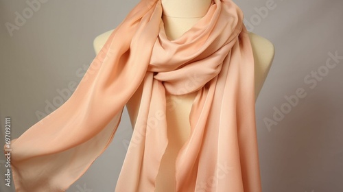 Closeup of a smooth and silky peach fuzzcolored scarf, perfect for any occasion.