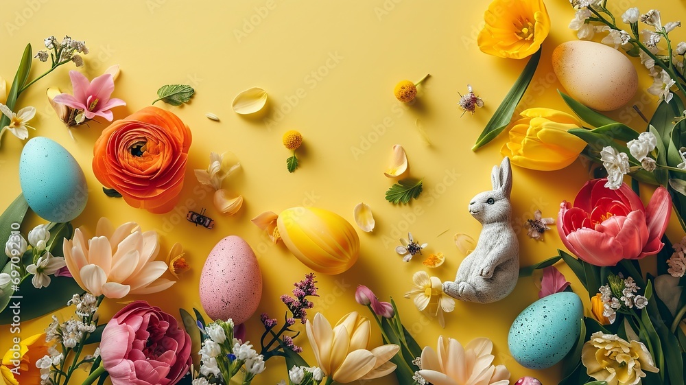 Bright Easter Scene with Painted Eggs and Spring Flowers