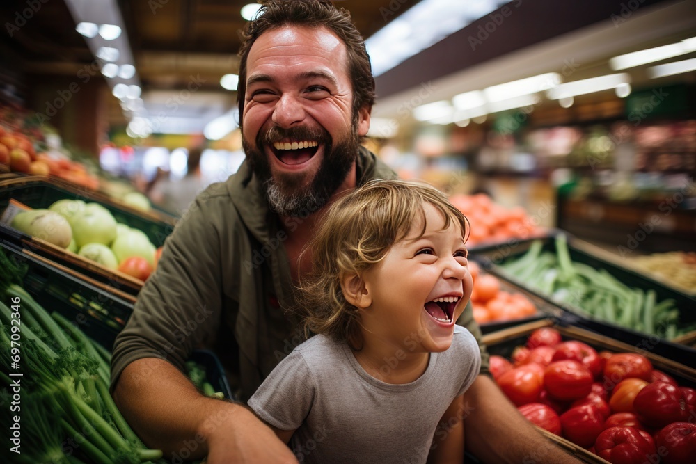 dad and son stand in a store with a shopping cart for goods and make ...